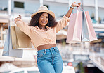 Shopping, fashion and retail, a black woman with a smile outside mall. Happy customer after discount sale at the shopping mall, city girl smiling with designer boutique bags and fun on summer holiday