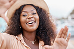 Black woman, portrait smile and travel hands for picture perfect day on summer vacation in the outdoors. Face of happy African American female traveler smiling in joy for holiday and hand for capture