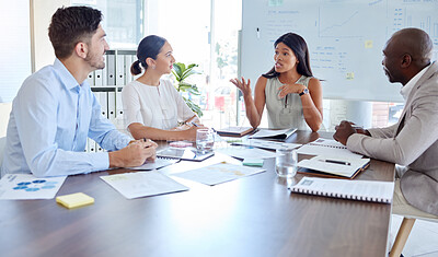 Buy stock photo Business woman leadership, conversation and collaboration, economy planning and finance ideas in corporate company office table. Management staff meeting, workers conversation and team brainstorming
