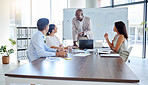 Ceo, happy and business people in meeting for goals, success and planning a sales target for the company. Team, leadership and mentor coaching marketing and advertising employees on a global project 