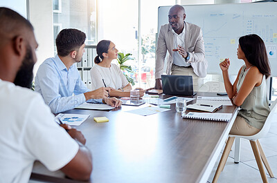 Buy stock photo Black man, speaker and laptop presentation in business meeting, strategy planning and digital marketing global office boardroom. Talking manager, mentor and leadership technology in teamwork training