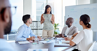 Buy stock photo Black woman, leader and presentation, business meeting and leadership, team with creative ideas. Conference room, staff and team leader briefing, project planning and corporate strategy ideas.