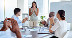 Presentation, teamwork or diversity team applause at meeting success for creative marketing strategy or KPI target growth. Corporate celebration, support or business people clap for advertising idea