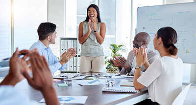 Buy stock photo Presentation, teamwork or diversity team applause at meeting success for creative marketing strategy or KPI target growth. Corporate celebration, support or business people clap for advertising idea