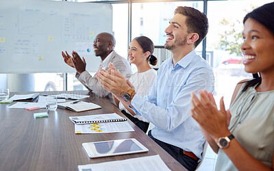 Buy stock photo Team presentation success, company applause or happy workers with support, smile or motivation in office. Team building, collaboration or diversity for award on creative strategy or marketing growth