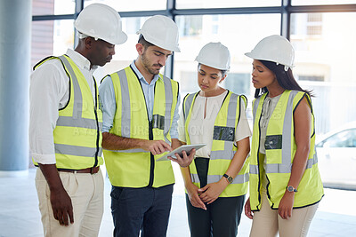 Buy stock photo Collaboration, construction and architecture team with tablet working, planning or check digital blueprint of building. Meeting, communication discussion and diversity team work on design together