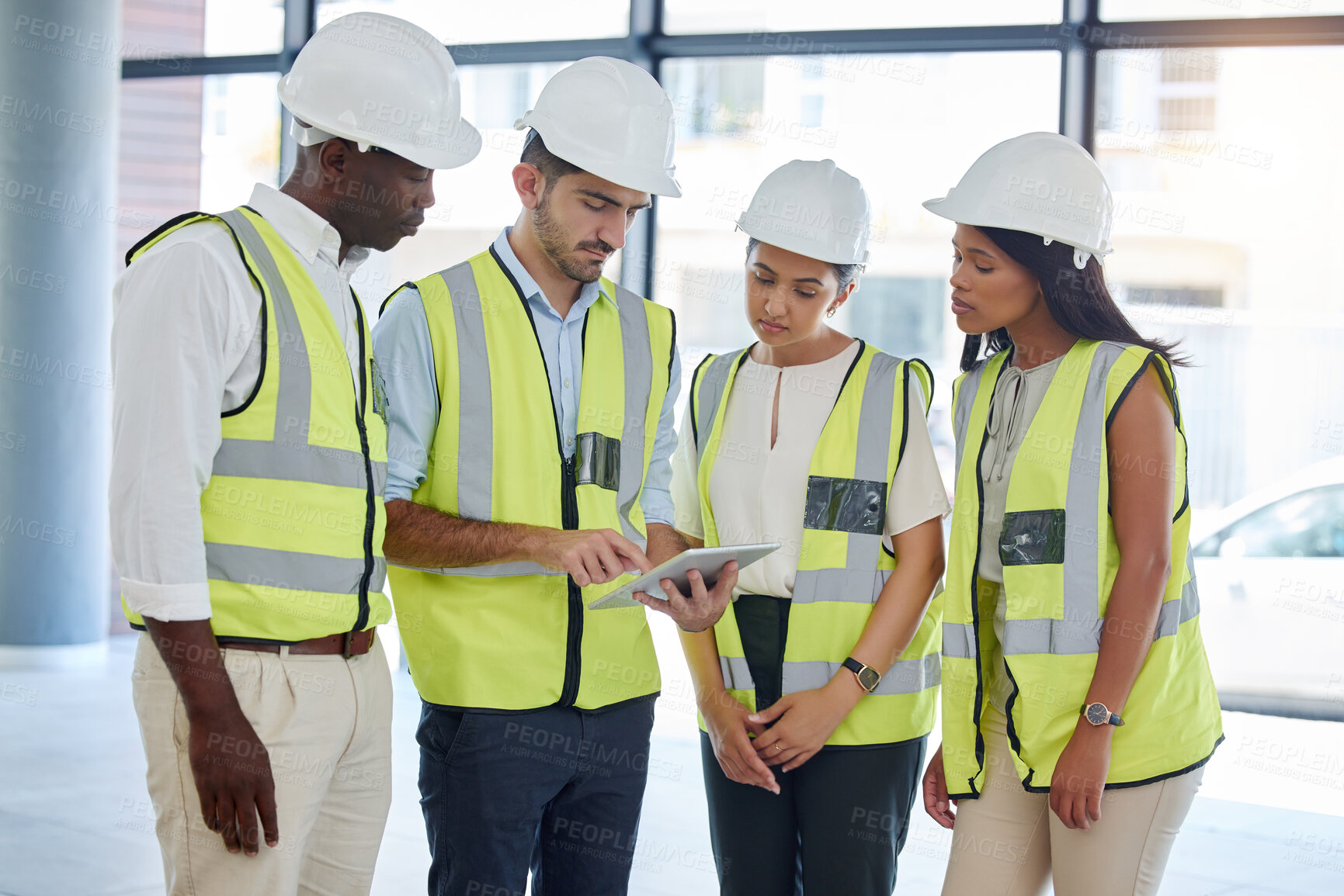 Buy stock photo Collaboration, construction and architecture team with tablet working, planning or check digital blueprint of building. Meeting, communication discussion and diversity team work on design together