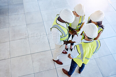 Buy stock photo Architecture, construction and engineering team planning a creative blueprint of a building on a tablet in an office. Teamwork, collaboration and group meeting of designers working on a floor plan