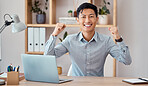 Success, goals and happy businessman in celebration of sales victory, winning and cryptocurrency trading investment. Wow, yes and excited Asian trader celebrates winning in the financial stock market