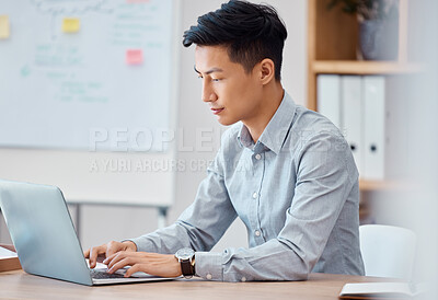 Buy stock photo Programmer, laptop and software engineer working, coding and  typing up cyber security data on the internet. Digital, web design and young Asian businessman busy with an email message in an office