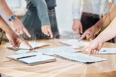Buy stock photo Business people, hands and pointing with city double exposure of strategy and planning overlay. Innovation, communication and statistics report for urban company growth and future development.