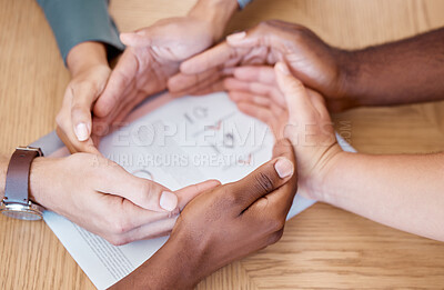 Buy stock photo Circle, hands and diversity for business solidarity, support and teamwork in office for unity and collaboration above table. Group, job and staff people in team for development, trust and mission