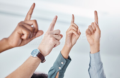 Buy stock photo Business people, hands or pointing up for ideas, success or innovation vision in creative office team building. Zoom, finger or company vote for opinion, gesture or teamwork collaboration for workers