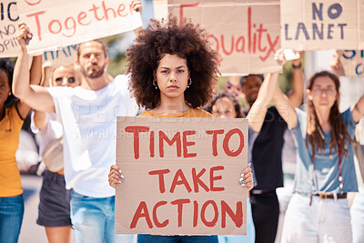 Buy stock photo Protest, poster and black woman, crowd or equality, human rights or racism protesters in city. Activism, action time or angry group demand freedom, end to racial discrimination or government change.