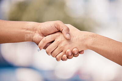 Buy stock photo Handshake, hand and solidarity, partnership and collaboration, together and team closeup. Diversity, trust and welcome or agreement of deal between people outdoor, support and teamwork. 