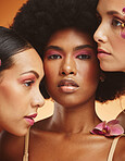 Beauty, flower and group of women with makeup in studio, model for fashion, cosmetics and skincare. Diversity, beauty products and portrait of African girls face for spa, skincare and skin wellness