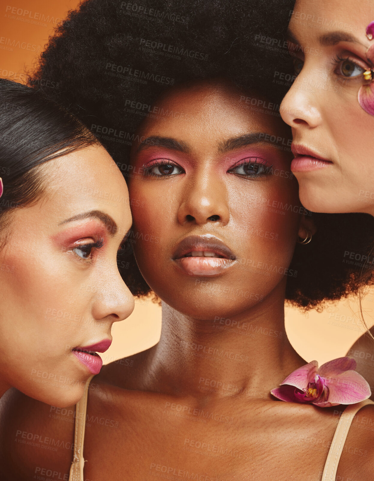 Buy stock photo Beauty, flower and group of women with makeup in studio, model for fashion, cosmetics and skincare. Diversity, beauty products and portrait of African girls face for spa, skincare and skin wellness