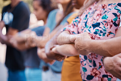 Buy stock photo Hands, solidarity and protest with a group of people standing in unity at a rally or demonstration. Community, human rights and teamwork with a movement ready to fight for freedom or stop a crisis