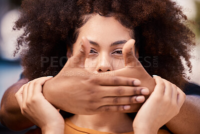 Buy stock photo Woman, silence and victim hand cover mouth for stop, quiet and domestic violence secret. Fear, rape and black woman suffering from horror, gender based violence and sexual abuse, stuck and hostage