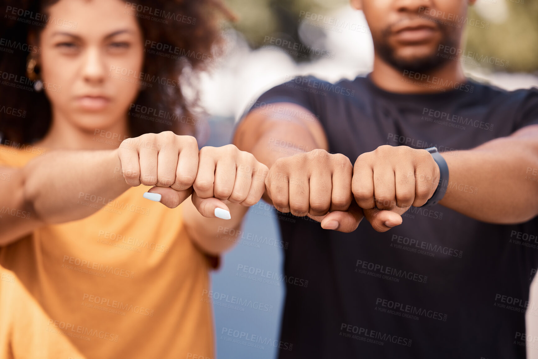 Buy stock photo Justice, hand and fist of power by people in public protest for freedom, equality and change in a street. Community, action and government rally by man and woman in solidarity for society democracy 