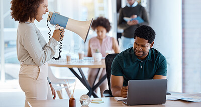 Buy stock photo Black man, laptop and boss on megaphone angry or shouting at employee. Loudspeaker, leader and business woman with bullhorn screaming at stressed or frustrated worker to start work at company office.