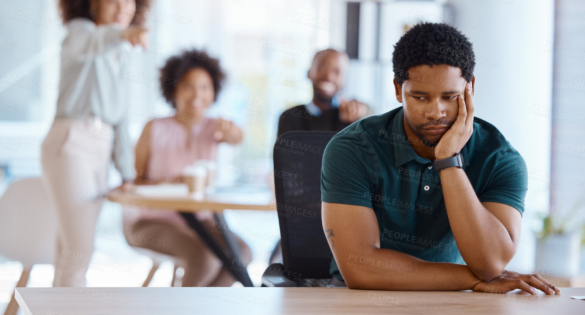 Buy stock photo Workplace bullying, depression and gossip of businessman with anxiety, mental health and pointing employees in office conflict. Lonely, depressed and harassment of sad victim in worker discrimination