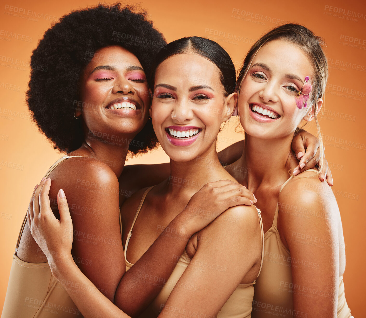 Buy stock photo Beauty, skincare and diversity with model woman friends on a brown background in studio for health or wellness. Portrait, empowerment and natural with a female group posing together for inclusion