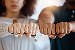 Hands, black people and fist for teamwork, support or solidarity for common goals, mission or target. Trust, unity or business people fist bump for collaboration, team building or motivation together