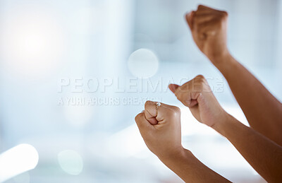 Buy stock photo Solidarity, fist and justice community protest conflict against war, politics and revolution. Resilience and strike for group of people with hands up for social change, freedom and peace

