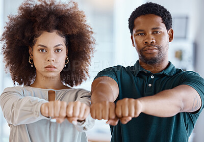 Buy stock photo Black man, woman and show fist to support, solidarity with Ukraine protest and climate change being serious. African American, stand together and black people for Iran women, collaboration and symbol