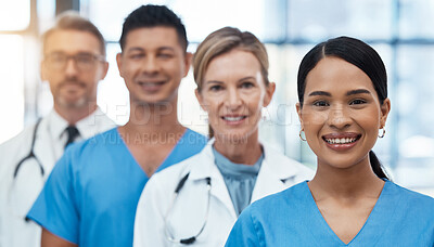 Buy stock photo Diversity team, medical and doctors smile, ready for surgery and in hospital together. Healthcare, nurses pose and happy group being professional, working and prepare for surgery and in clinic. 