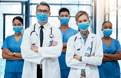 Buy stock photo Diversity, covid and healthcare, team of doctors and nurses in hospital. Teamwork, men and women in face mask with medical success, trust and support in pandemic with help and collaboration in clinic