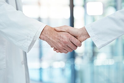Buy stock photo Handshake, doctors meeting or teamwork for partnership, collaboration or support for medical success in hospital. Healthcare, health or shaking hands for thank you, welcome or trust for surgery help