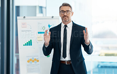 Buy stock photo Business man, charts, and presentation in office, planning and strategy for company, talking and share ideas. Leader, entrepreneur and male boss show sales growth, workshop for branding and vision. 