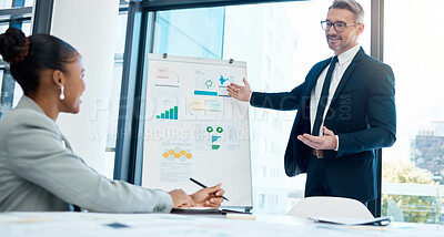 Buy stock photo Businessman, strategy presentation and ceo with company financial growth report analytics in office. Corporate leadership, sales research and business strategy plan on whiteboard for workshop meeting