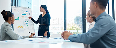 Buy stock photo Presentation, leadership and woman with business people in a meeting for innovation planning marketing strategy ideas. Mission, diversity and management speaking of branding and our vision for growth