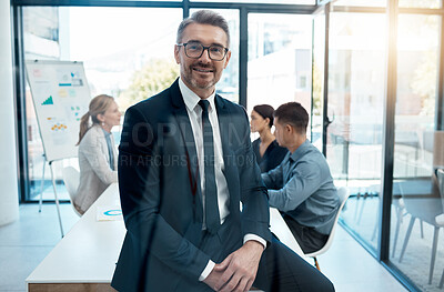 Buy stock photo Leader, CEO and manager in a boardroom meeting with his team for planning, strategy and planning future growth. Business, marketing and leadership with a mature male employee or mentor in an office 