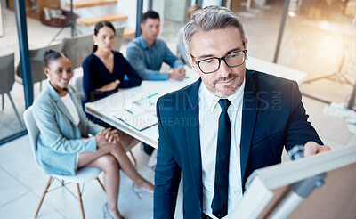 Buy stock photo Presentation, meeting and business people for finance strategy, marketing coaching or company innovation brainstorming idea. Manager writing on whiteboard in a staff team building company workshop