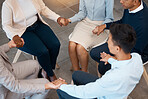 Support, holding hands and business people in team building, therapy group or mental health work counseling service. Corporate people in community circle for commitment, partner trust or cooperation