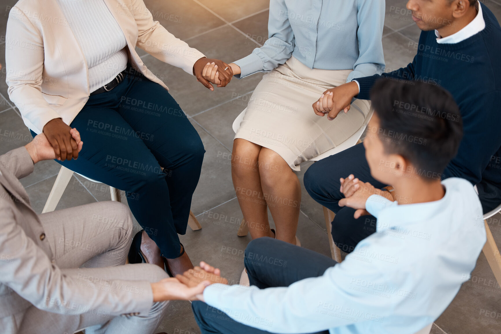 Buy stock photo Support, holding hands and business people in team building, therapy group or mental health work counseling service. Corporate people in community circle for commitment, partner trust or cooperation