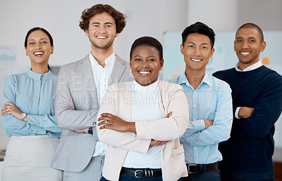 Buy stock photo Corporate, smile and employees in business collaboration together in an office at work. Portrait of team with diversity, arms crossed and pride in partnership while working at a professional company