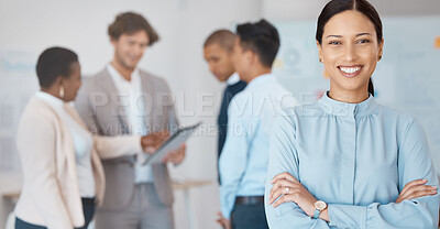 Buy stock photo Business woman, corporate worker and portrait smile of new job opportunity in startup company. Happy young employee, arms crossed or pride of vision, success and motivation in professional law office