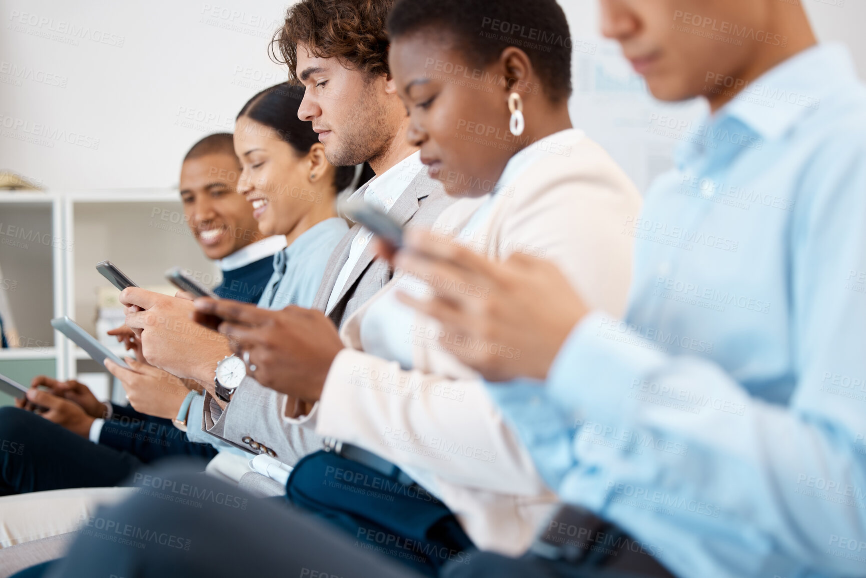 Buy stock photo Phone, conference and team in a row in the office sitting in a convention, seminar or tradeshow. Diversity, technology and group of business people networking on smartphone at a corporate workshop.