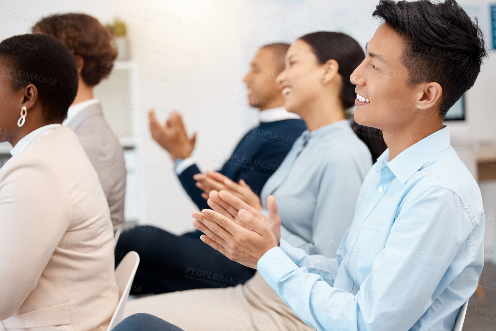 Buy stock photo Happy business people, audience and conference applause for tradeshow speech, training motivation and workshop presentation. Asian businessman clapping hands, smile and success in seminar crowd event