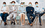 Covid business people, waiting room and office for recruitment, corporate job interview and hr opportunity in agency. Portrait diversity professional group queue on chairs, face mask and corona risk