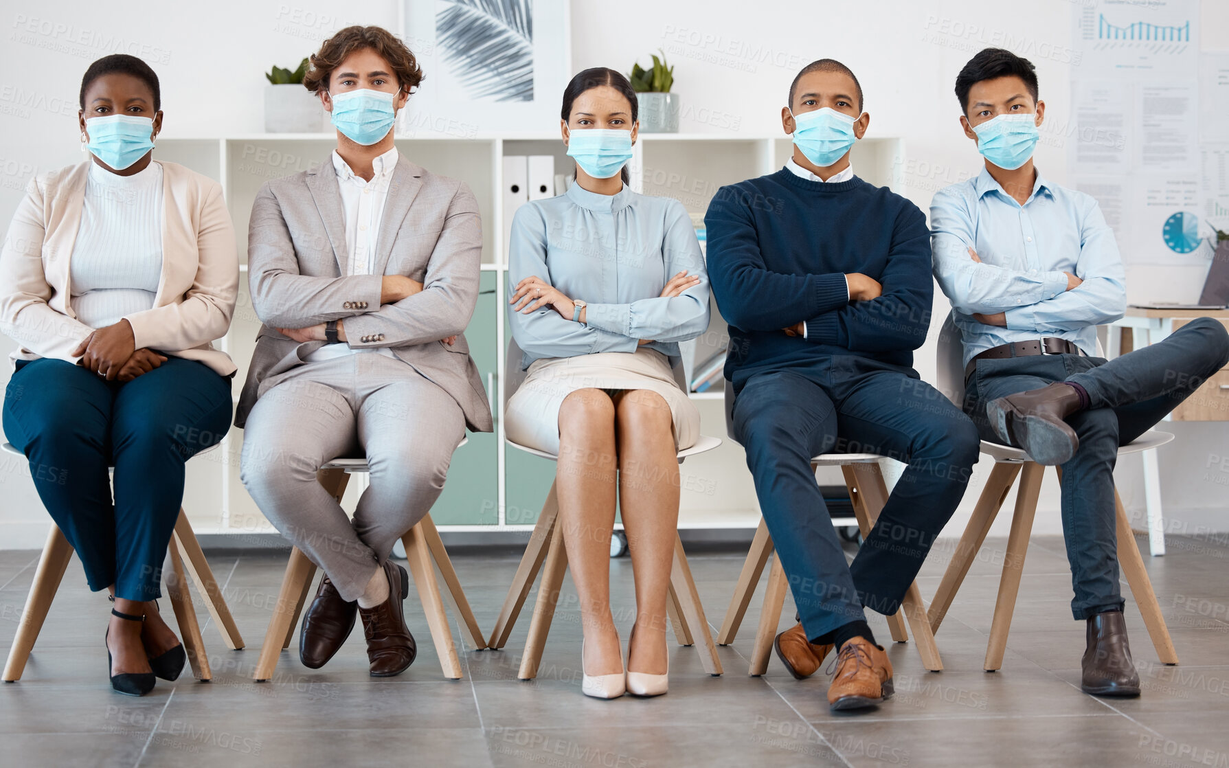 Buy stock photo Covid business people, waiting room and office for recruitment, corporate job interview and hr opportunity in agency. Portrait diversity professional group queue on chairs, face mask and corona risk