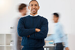 Happy businessman portrait, motion blur and busy office in corporate accounting audit company. Portrait smile of financial manager, employee and management leader with vision, pride and arms crossed