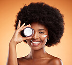 Portrait of black woman with beauty cream product for facial skincare, wellness spa routine and anti aging. Aesthetic, container and face of happy young girl with smile, makeup cosmetics or self care