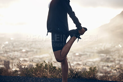 Buy stock photo Fitness, mountain and legs stretching on runner trail for exercise preparation and body warm up. Running, cardio and wellness woman getting ready for outdoor workout with muscle stretch. 

