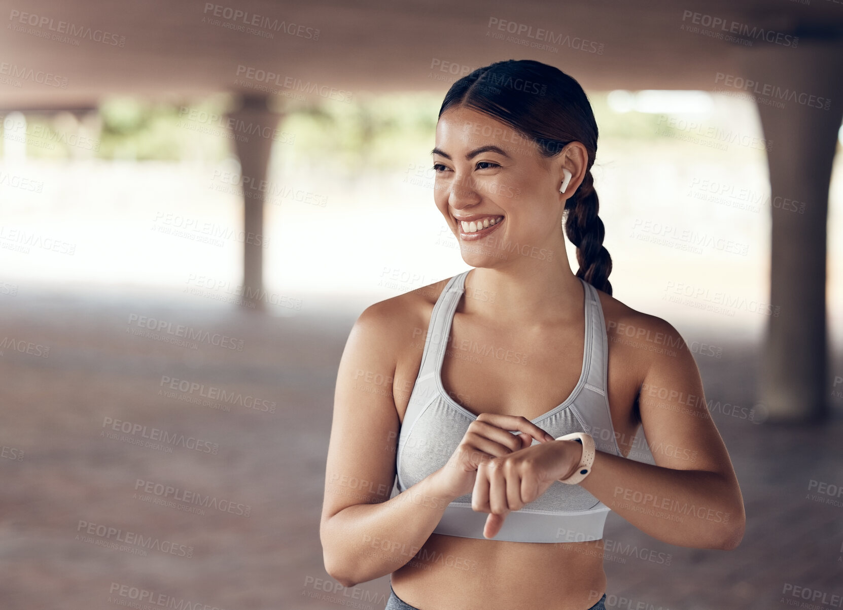 Buy stock photo Happy runner woman, smart watch and city fitness, exercise and check training time, progress or goals on digital stopwatch. Smile, music and motivation of sports athlete monitor workout on technology